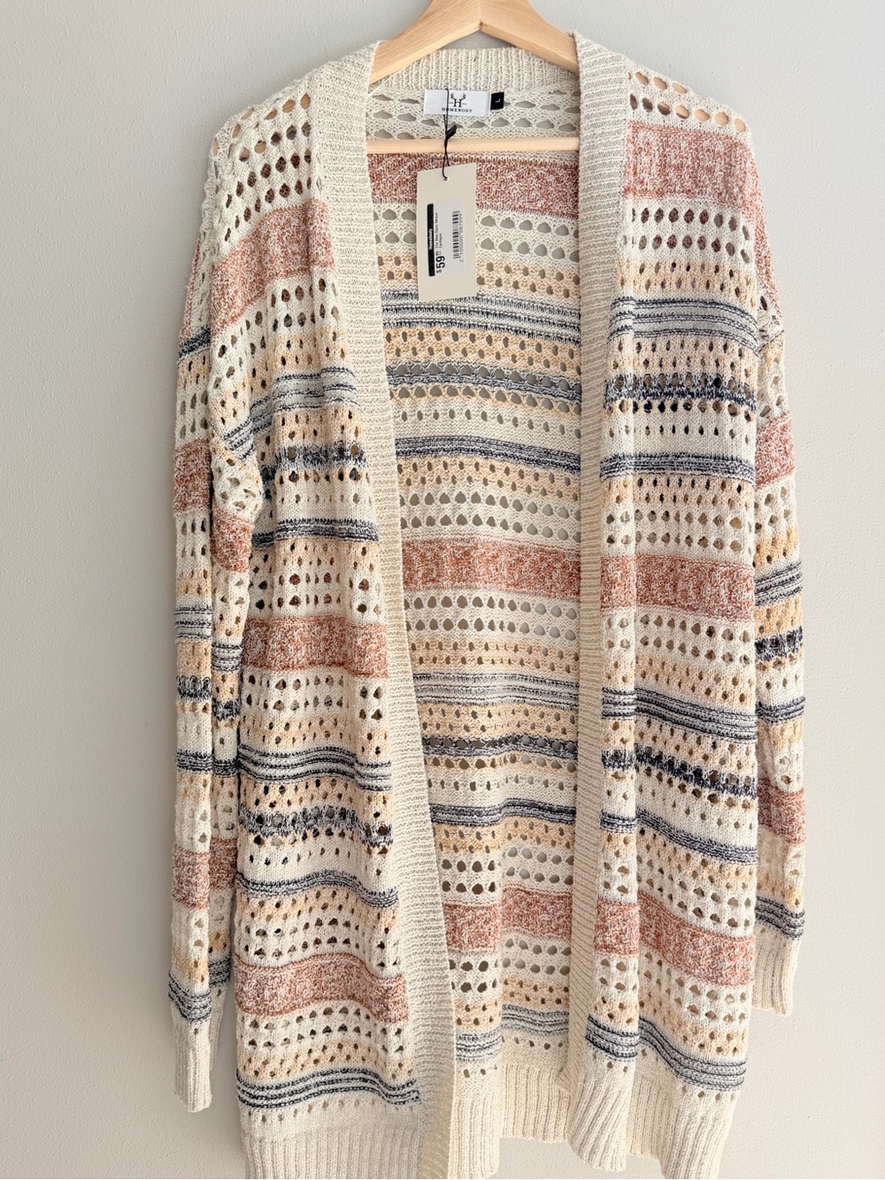Homebody Open-Knit Striped Cardigan Sweater - Cream with Rust & Navy Accents